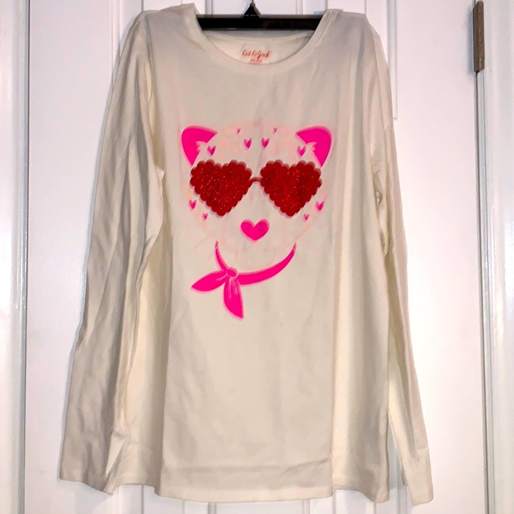 Cat & Jack Long Sleeves Tee Shirt,  Cat with glitter heart red glasses